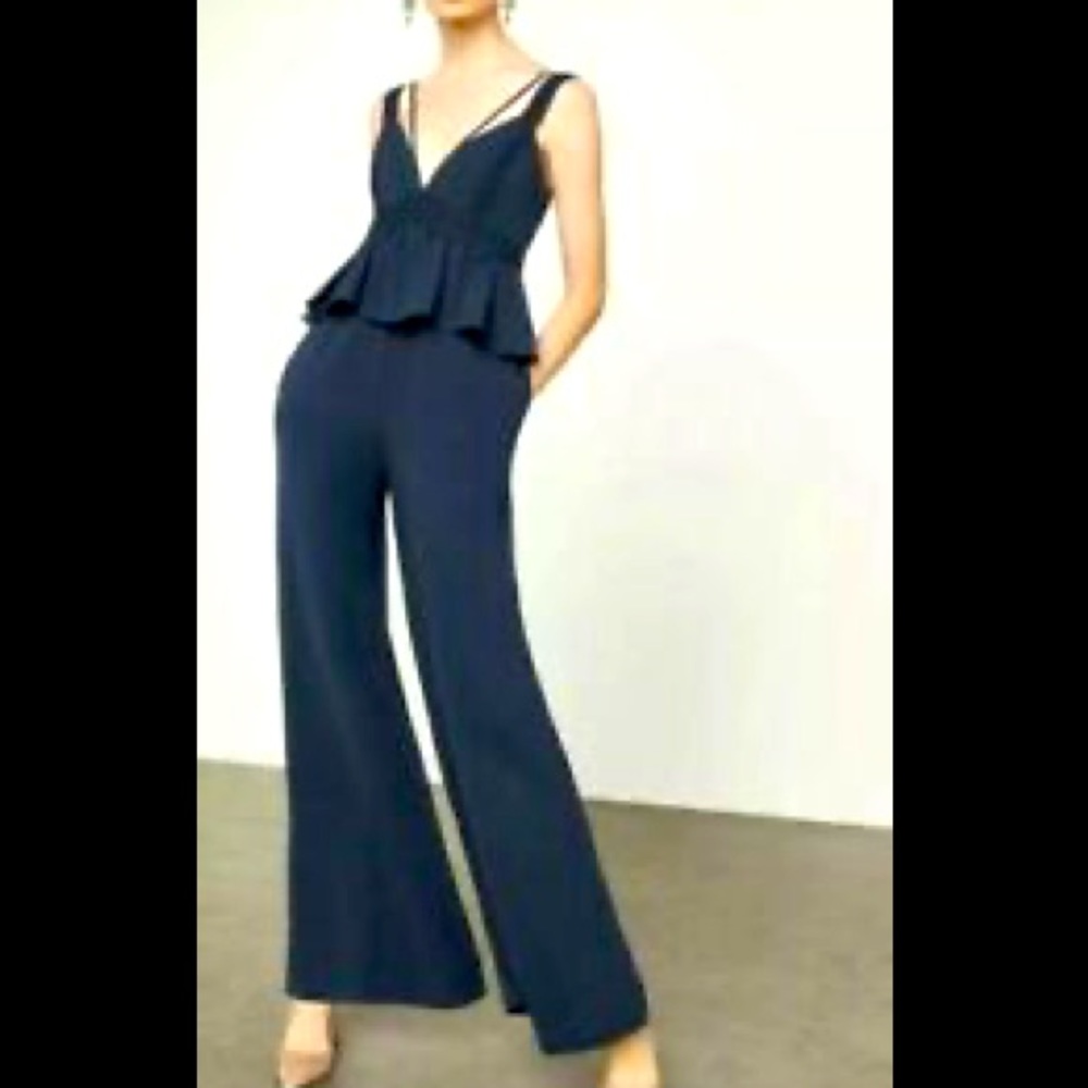 BCBG MaxAzria NWT wide leg peplum navy blue strappy plunging neckline jumpsuit